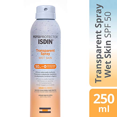 Fotoprotector ISDIN Transparent Wet Skin SPF 50 - Protector solar Corporal, Spray transparente, Eficaz sobre piel mojada, Ginger Cell Protect, 250 ml