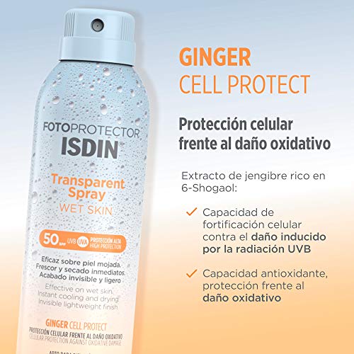 Fotoprotector ISDIN Transparent Wet Skin SPF 50 - Protector solar Corporal, Spray transparente, Eficaz sobre piel mojada, Ginger Cell Protect, 250 ml