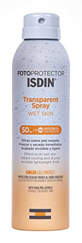 Fotoprotector ISDIN Transparent Wet Skin SPF 50 - Protector solar Corporal, Spray transparente, Eficaz sobre piel mojada, Ginger Cell Protect, 250 ml