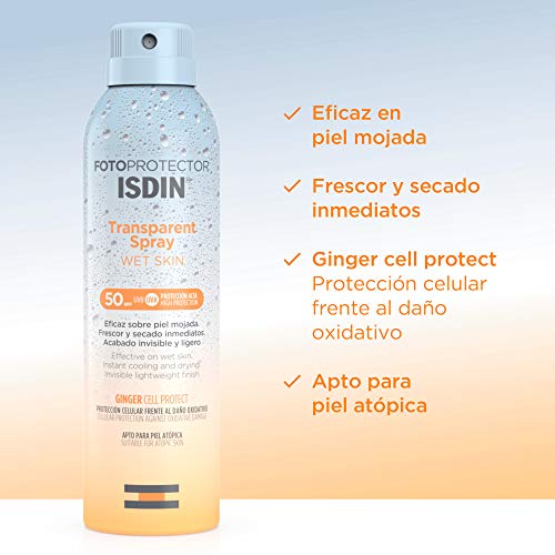 Fotoprotector ISDIN Transparent Wet Skin SPF 50 - Protector solar Corporal, Spray transparente, Eficaz sobre piel mojada, Ginger Cell Protect, 250 ml