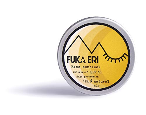 FUKA ERI Protector solar con zinc no-nano. Ingredientes minerales y naturales. Crema solar con color, 50 SPF. Waterproof/Vegana. Cara y zonas sensibles. Sin plástico. Fórmula mejorada. 60g