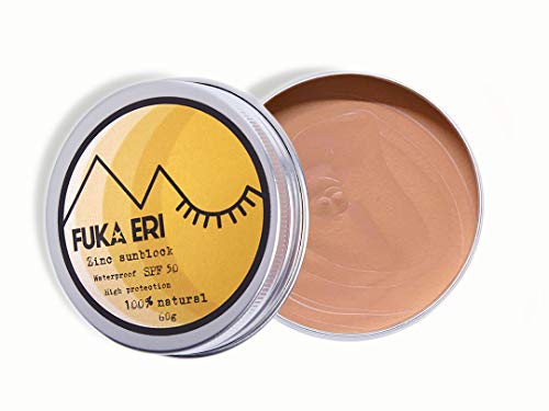 FUKA ERI Protector solar con zinc no-nano. Ingredientes minerales y naturales. Crema solar con color, 50 SPF. Waterproof/Vegana. Cara y zonas sensibles. Sin plástico. Fórmula mejorada. 60g