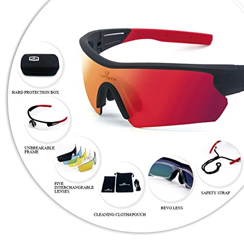 Gafas Ciclismo Polarizadas con 5 Lentes Intercambiables Gafas de Sol Deportivas Antivaho Antireflejo Anti Viento y UV Adaptadas a Deporte Carrera Running Bicicleta MTB para Hombre y Mujer (Rojo)