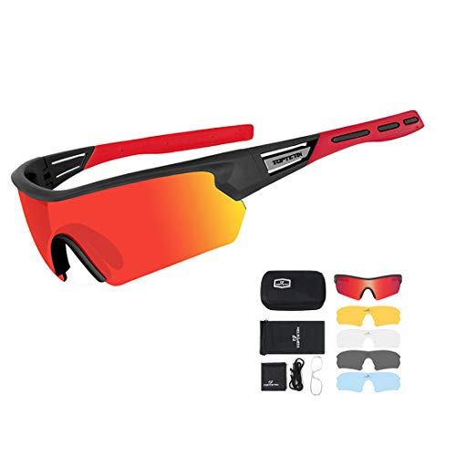 Gafas Ciclismo Polarizadas con 5 Lentes Intercambiables Gafas de Sol Deportivas Antivaho Antireflejo Anti Viento y UV Adaptadas a Deporte Carrera Running Bicicleta MTB para Hombre y Mujer (Rojo)