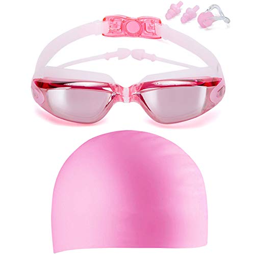 Gafas de Natación y Gorro de Natacion Para Hombres Mujeres Mujer Adultos Jóvenes Niños, Nadar Antiempañado y Anti Rayos UV, Ideal para Todo Tipo de Agua, Piscina, Deportes Acuáticos (Rosa 2)