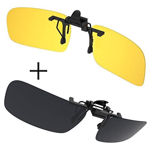 Gafas de sol con clip, Gritin [2 unidades/día + noche visión] Gafas de sol polarizadas UV400 para hombre y mujer, ajuste cómodo y seguro sobre gafas de sol para conducción y al aire libre