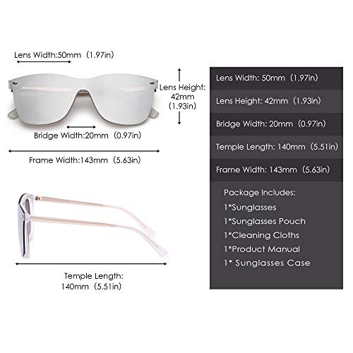 Gafas de Sol de Espejo Sin Montura Una Pieza Sin Marco Anteojos Hombre Mujer (Transparente/Espejo Plateado)