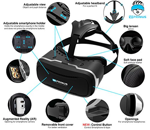 Gafas VR VR-PRIMUS VX3 + Mando | para Smartphone 's p.ej. iPhone,Samsung Galaxy,HTC,Sony,LG,Huawei | Google Cardboard QR,Botón de Control,Augmented Reality | VR Box,Glasses,Shinecon,Controlador