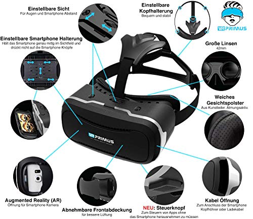 Gafas VR VR-PRIMUS VX3 + Mando | para Smartphone 's p.ej. iPhone,Samsung Galaxy,HTC,Sony,LG,Huawei | Google Cardboard QR,Botón de Control,Augmented Reality | VR Box,Glasses,Shinecon,Controlador