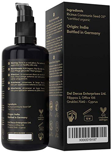 GANADOR 06/20* Aceite de Ricino ORGÁNICO – Vegano & Prensado en Frío- 100% Puro Tratamiento para Cabello, Pestañas, Piel y Uñas - Botella de Vidrio 200ml - Usar como Crema Hidratante Facial Mujer