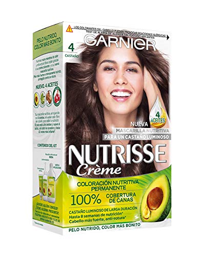 Garnier Nutrisse Creme Coloración Nutritiva Permanente, Tinte 100% Cobertura de Canas con Mascarilla Nutritiva de 4 Aceites - Tono 4 Castaño