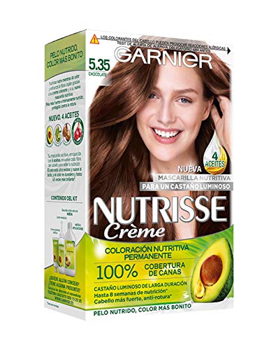 Garnier Nutrisse Creme Coloración Nutritiva Permanente, Tinte 100% Cobertura de Canas con Mascarilla Nutritiva de 4 Aceites - Tono 5.35 Chocolate