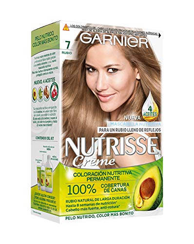 Garnier Nutrisse Creme Coloración Nutritiva Permanente, Tinte 100% Cobertura de Canas con Mascarilla Nutritiva de 4 Aceites - Tono 7 Rubio