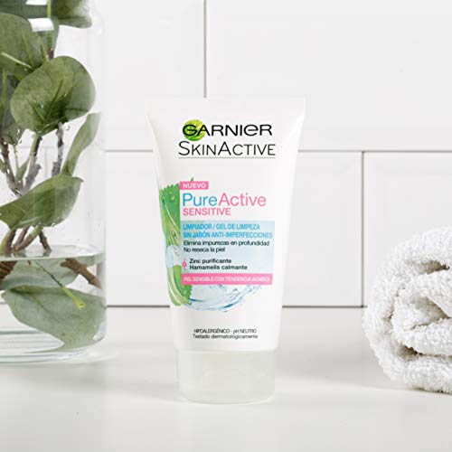 Garnier Skin Active - Pure Active Sensitive, Limpiador de Poros sin Jabón, con Zinc y Extracto de Hamamelis, para Pieles Sensibles, 150 ml