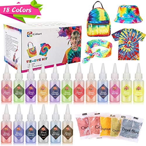 Gifort Tie Dye Kit, Textiles de Tela 18 piezas Colores Vibrantes Pinturas Ropa Tinte Graffiti para Proyectos de Bricolaje y Actividades de Fiesta