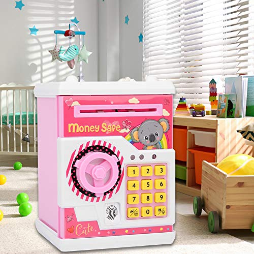 GOTOTOP Caja de Dinero para niños, alcancías electrónicas, contraseña de cajero automático, Moneda en Efectivo, Papel de Desplazamiento automático, Caja de Ahorro de Dinero para niños(Rosado)