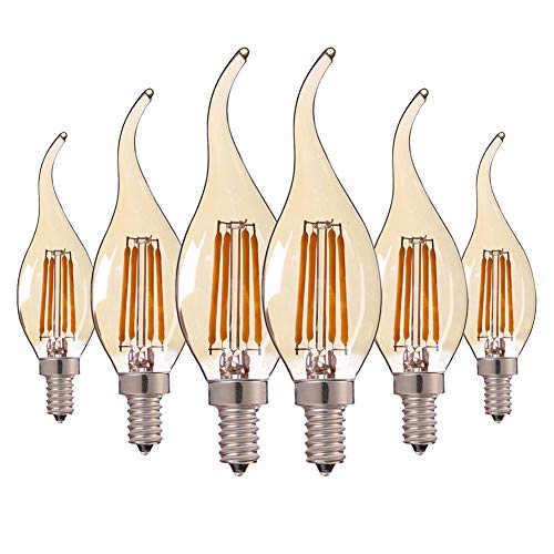 Hcnew 6 Pack E14 Flame Tip LED Bombilla de vela de filamento, C35 4W - 40W Bombillas incandescentes Equivalente Super cálido blanco 2200K Edison pequeño Bombilla de vela ámbar, no regulable