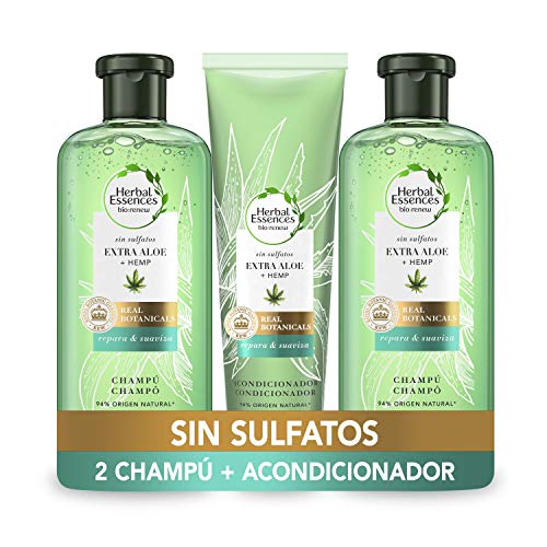 Herbal Essences Bio:renew, sin Sulfatos, con Aloe Intenso y Hemp, Champú 2 x 380 ml + Acondiciondor 275 ml, en colaboración con el Royal Botanic Gardens de KEW