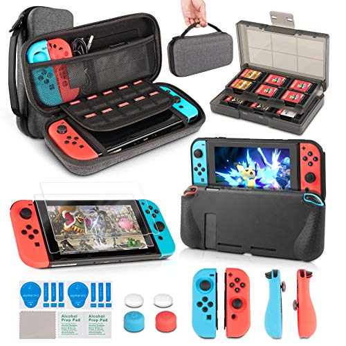 innoAura 11 en 1 Kit accesorios para Nintendo Switch, con funda de transporte, Estuche De Juegos, funda de TPU, fundas para controles Joy Con, tapas para Joystick y protector de pantalla