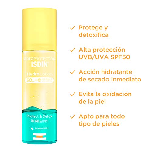 ISDIN HydroLotion SPF 50 - Fotoprotector solar Corporal Bifásico, PROTECT & DETOX, Hidratante, Piel radiante, 200 ml