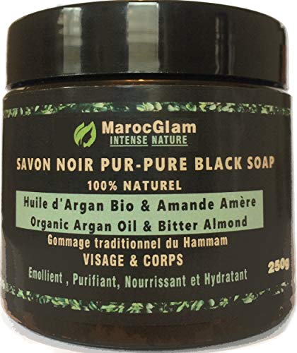 Jabón negro marroquí con aceite de argán Bio y almendras amargas, 250g, 100% Beldi natural. Mundialmente famoso antiarrugas. Exfoliación con jabón negro para pieles suaves, RICO en vitamina E