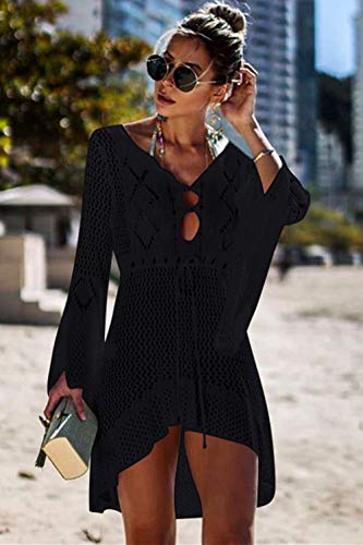 Jinsha Vestido de Playa - Mujer Pareos y Camisola de Playa Sexy Hueco Traje de Baño Punto Bikini Cover up, Negro, talla única