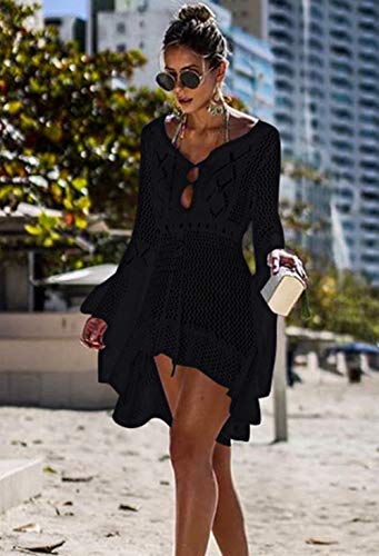 Jinsha Vestido de Playa - Mujer Pareos y Camisola de Playa Sexy Hueco Traje de Baño Punto Bikini Cover up, Negro, talla única