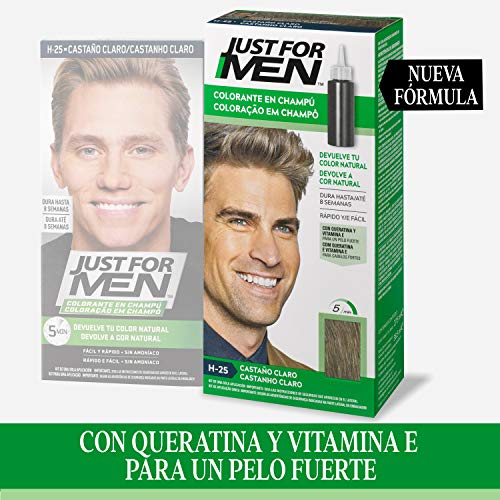 Just for men, Tinte Colorante en champú para el cabello del hombre - Elimina las canas y rejuvenece el cabello en 5 minutos, Castaño Claro, 30 ml, H25 (8413853401016)