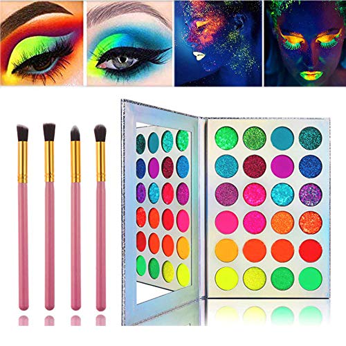 Kalolary Paleta de sombras de ojos de colores neón, 24 colores Sombra de ojos negra mate y brillante con brillo UV que brilla en la oscuridad y 4pcs Pincel de sombra de ojos rosa