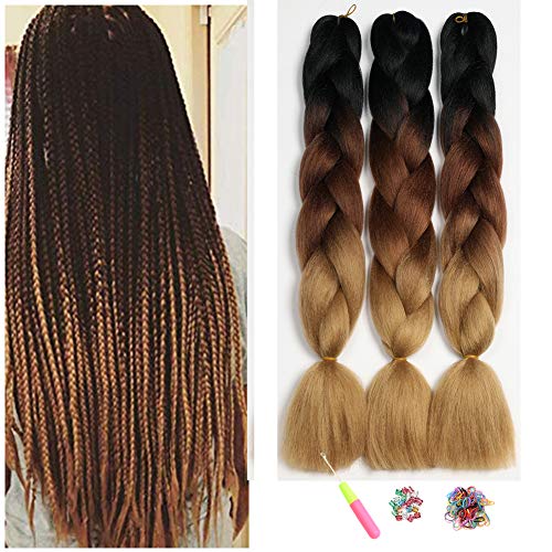 Kanekalon Extensiones de pelo trenzado Ombre 3 tonos de 60,96 cm, Showjarlly Ombre Jumbo trenzado de fibra de alta temperatura, 3 piezas/lote de 100 g/pieza, para trenzado de crochet