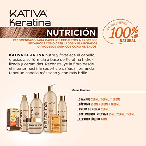 KATIVA Champú De Keratina a base de Keratina hidrolizada y Ceramidas, reconstruye las fibras desde el interior hasta la superficie dañada 500 ml