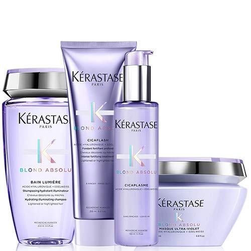 Kérastase Pack Blond Absolu Bain Lumiere 250 ml, acondicionador Fluide Miracle 250 ml, mascarilla Ultra-Violet 200 ml y sérum Cicaplasme 150 ml