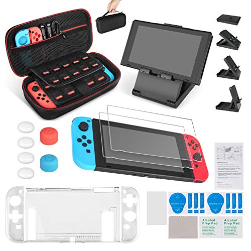 Keten kit de accesorios 13 en 1 para Nintendo Switch, incluye una funda de transporte para Nintendo Switch / Funda Transparente / Soporte regulable / Protector de pantalla HD (2 paquetes)