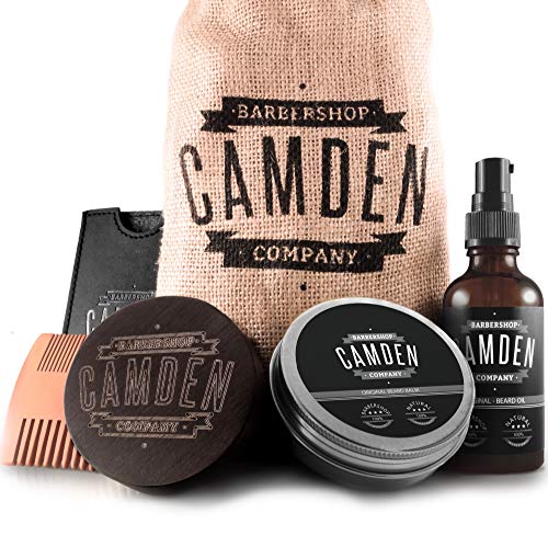 Kit para el cuidado de la barba ● 100% natural ● Hecho en Europa ● Incluye aceite, bálsamo, cepillo y peine para barba ● Set de regalo hombre de Camden Barbershop Company