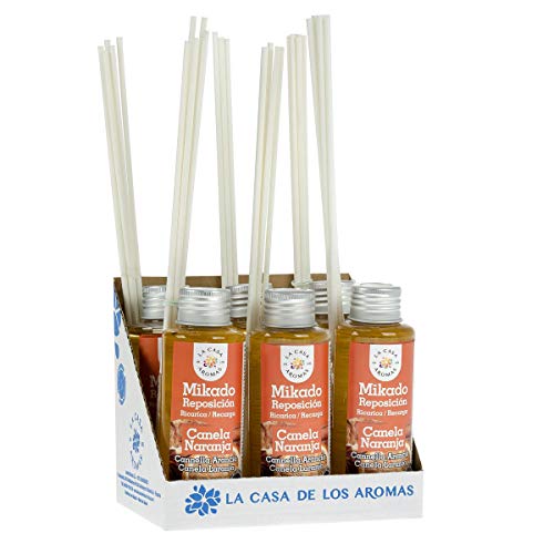 La Casa de los Aromas, Set de 6x100ml Ambientadores Mikado Canela Naranja para Reposición con Varillas, Difusor Líquido de Aroma Canela Naranja, Perfume Duradero para el Hogar, Baño, Casa