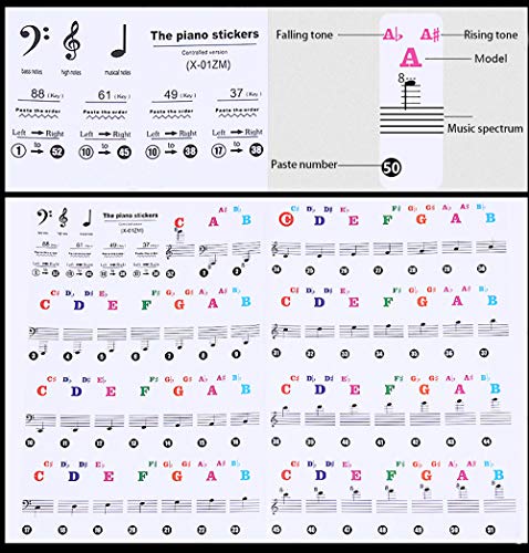 LABOTA 2 Pack piano pegatinas para 88/61/54/49/37 Key Keyboard - Pegatinas para pianos o teclados - transparentes y removibles