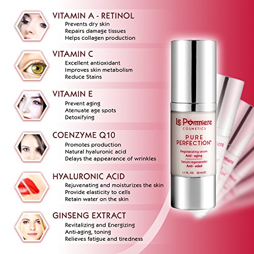 Le Pommiere serum facial hidratante ácido hialurónico antiedad 30ml. Anti arrugas piel normal, seca, grasa o mixta con vitamina A retinol, C, E, colágeno, coenzima Q10, aloe vera. Hombre & mujer