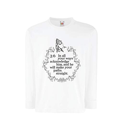 lepni.me Camiseta para Niño/Niña El Nombre del Señor es Torre Fuerte, Proverbios Cristianos 3: 6 (7-8 Years Blanco Multicolor)