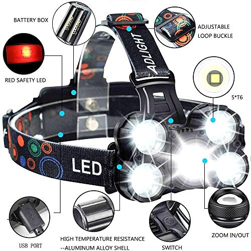 Linterna frontal LED Recargable de Trabajo, 8000 Lúmenes, 4 Modos de Luz con Flash, Zoom in/out, Ligera Elástica, Impermeable para Ciclismo, Correr, Deportes Nocturnos...