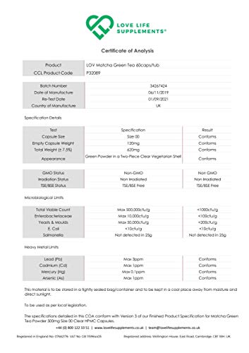 LLS Té verde japonés matcha | Potente antioxidante que protege las células del estrés oxidativo | Sin agentes de carga: solo matcha puro | 60 cápsulas | Producido en el Reino Unido bajo certificación GMP