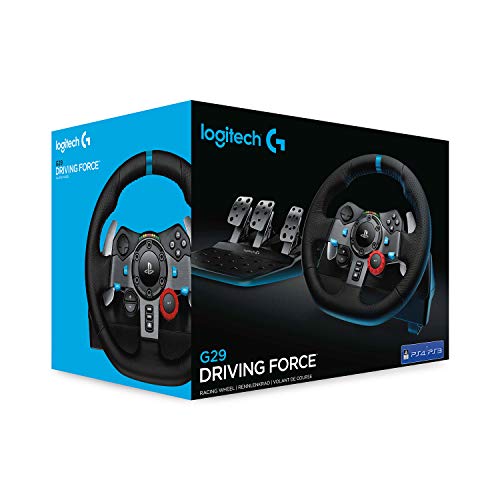 Logitech G29 Driving Force Volante de Carreras y Pedales, Force Feedback, Aluminio Anodizado, Palancas de cambio, Volante de Cuero, Pedales Ajustables, Enchufe EU, PS4/PS3/PC/Mac, Negro