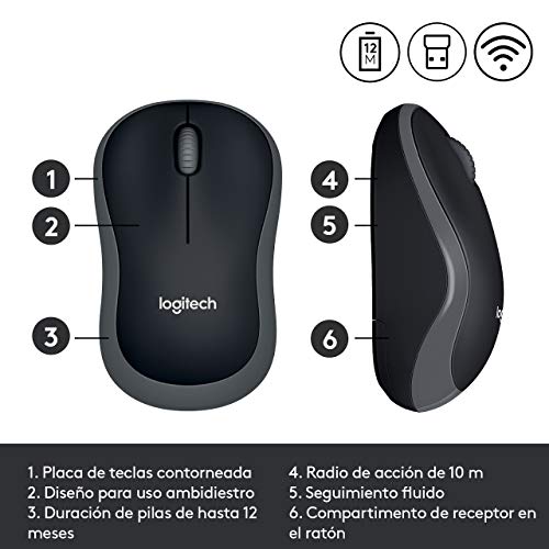 Logitech M185 Ratón Inalámbrico, 2.4 GHz con Mini Receptor USB, Batería 12 Meses, Seguimiento Óptico 1000 DPI, Ambidiestro, PC/Mac/Portátil, Gris