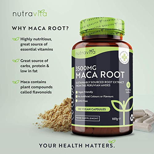 Maca Negra Andina Capsulas 3500 mg - 180 Cápsulas Veganas con Maca negra de Alta Potencia - Suministro para 6 Meses - Producto elaborado en el Reino Unido por Nutravita