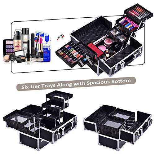 Maletin Maquillaje Grande Profesional Neceser Organizador Maquillaje Vacio para Maquilladores Caja Maquillaje de Viaje Joyero Organizador Esmalte de Uñas con 6 Bandejas Negro Regalos para Mujer