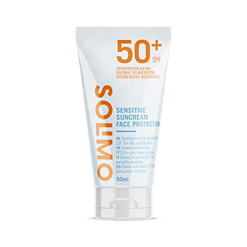 Marca Amazon - Solimo - SUN - Crema solar facial para pieles sensibles FPS 50+, con vitamin E, antioxidante (4x50 ml)