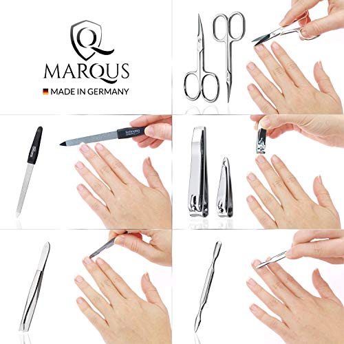 marQus set manicura de 7 piezas de Solingen Alemania - Set de manicura y pedicura en estuche, 2 tijeras, 2 cortaúñas, lima, retira-cutículas y pinza, para él y ella - cortauñas hombre y mujer