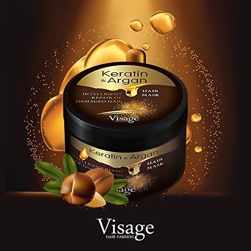 Mascarilla para el cabello de Visage con aceite de argán y queratina, para el cuidado del cabello teñido y seco, hidratante, sin experimentos con animales, tratamiento prémium de 500 ml