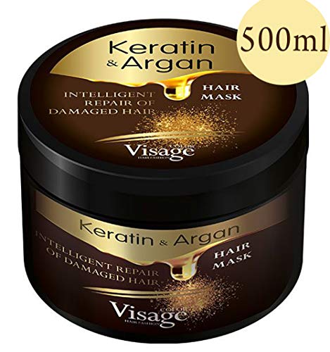 Mascarilla para el cabello de Visage con aceite de argán y queratina, para el cuidado del cabello teñido y seco, hidratante, sin experimentos con animales, tratamiento prémium de 500 ml