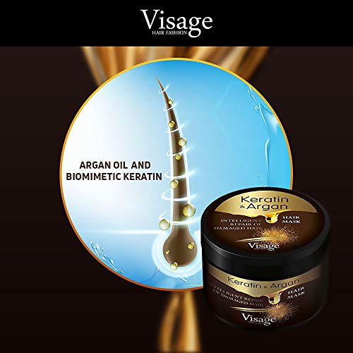 Mascarilla para el cabello de Visage con aceite de argán y queratina, para el cuidado del cabello teñido y seco, hidratante, sin experimentos con animales, tratamiento prémium de 500 ml