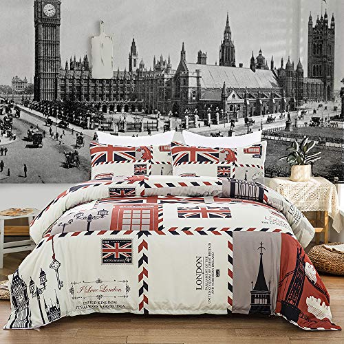 Meet Juego De Sábanas Y Fundas Nórdicas Sello del área del País Fundas De Edredón De Microfibra Bohemian Bedding Doble, con Cierre De Cremallera Blanca (Londres, Inglaterra,(150x200cm)-Cama de 90)